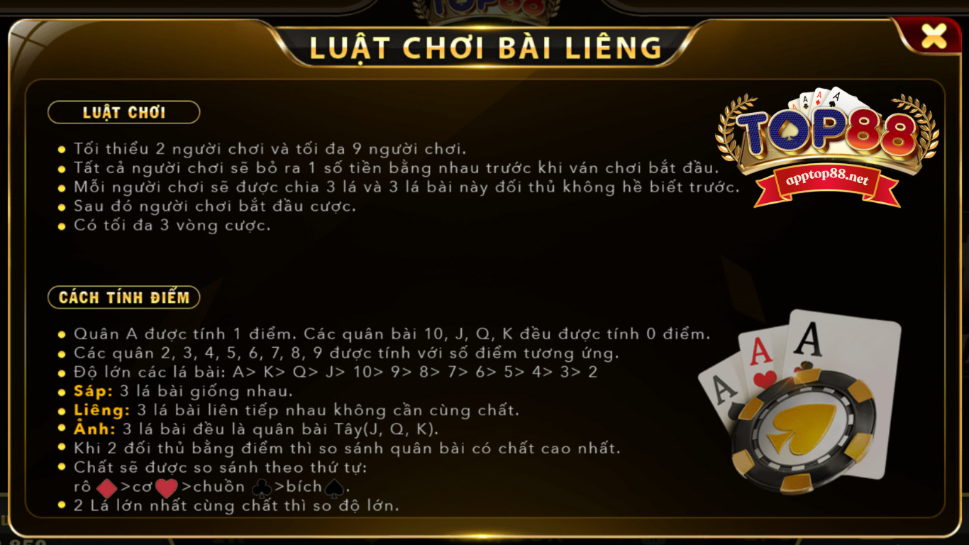 Top88 , luật chơi bài liêng Top88 , luật chơi liêng